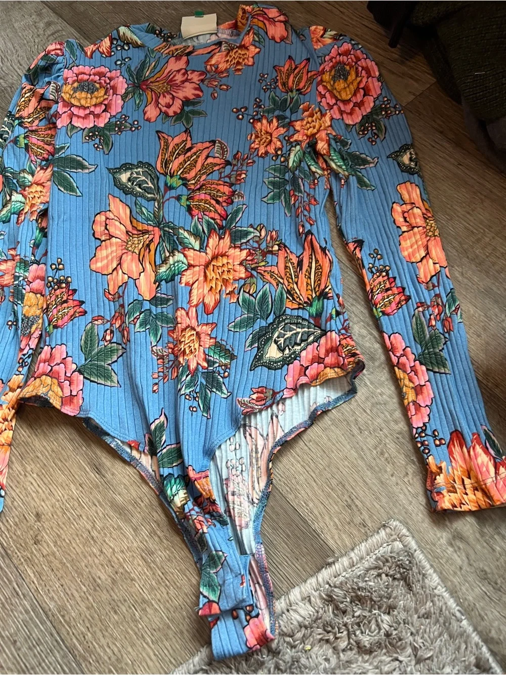 Farm Rio Puff Sleeve Printed Bodysuit, Size M